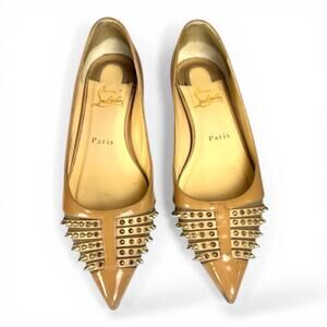 Christian Louboutin Bareta Spiked Patent Pointed-Toe Flats Nude EU 36.5